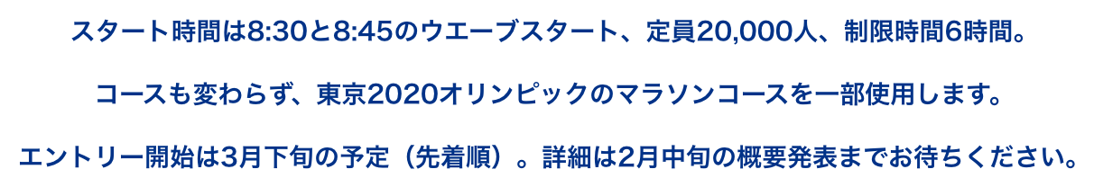 スタート時間は8:30と8:45のウエーブスタート、定員20,000人、制限時間6時間。コースも変わらず、東京2020オリンピックのマラソンコースを一部使用します。エントリー開始は3月下旬の予定(先着順)。詳細は2月中旬の概要発表までお待ちください。